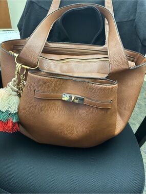 Poppy & Peonies Chestnut Brown Pebbled Tote with Tassel Charm